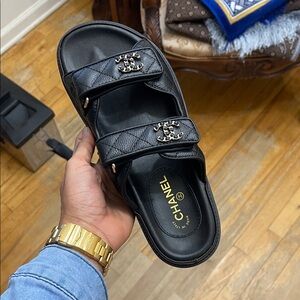 CHANEL Black Leather Slide Sandals
